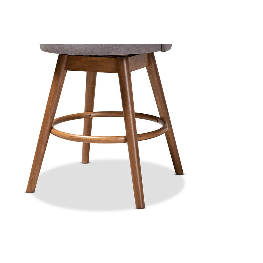Baxton Studio Carra Mid-Century Modern Grey Fabric Upholstered Walnut-Finished Wood Swivel Counter Stool (Set of 2). Picture 6