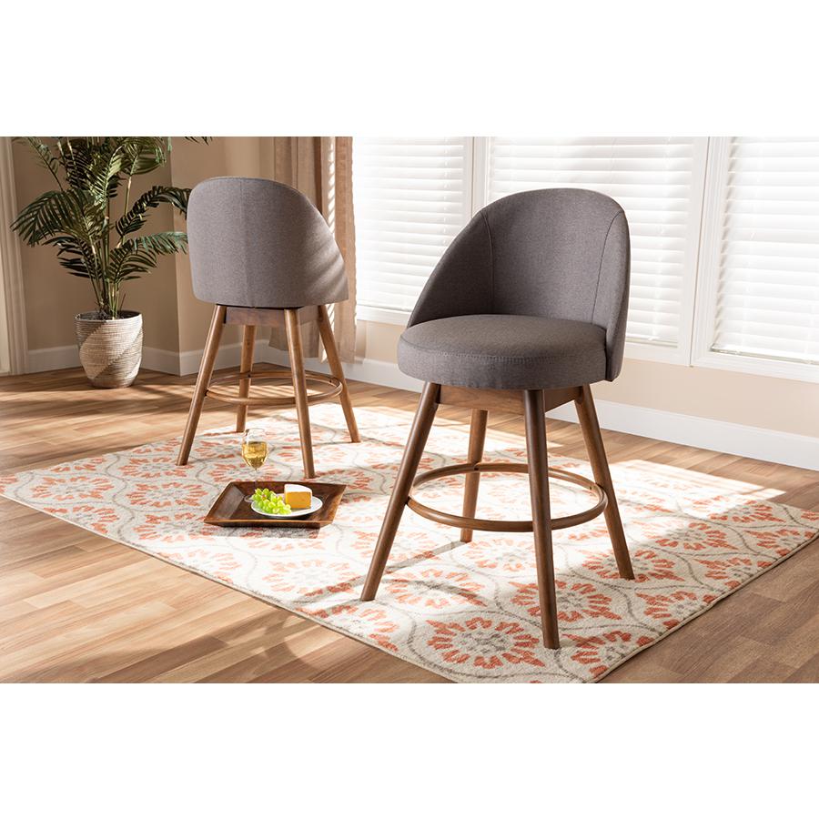 Baxton Studio Carra Mid-Century Modern Grey Fabric Upholstered Walnut-Finished Wood Swivel Counter Stool (Set of 2). Picture 7
