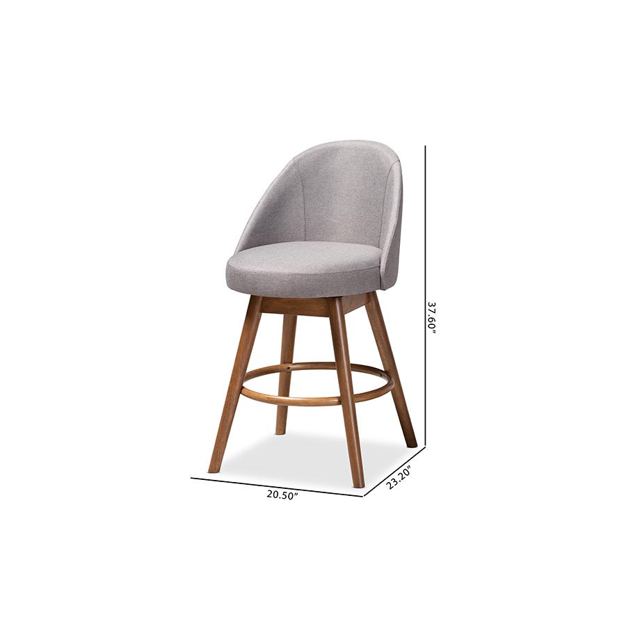 Baxton Studio Carra Mid-Century Modern Grey Fabric Upholstered Walnut-Finished Wood Swivel Counter Stool (Set of 2). Picture 9