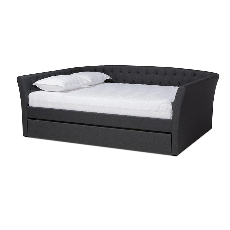 Dark Grey Fabric Upholstered Full Size Daybed with Roll-Out Trundle Bed. Picture 1