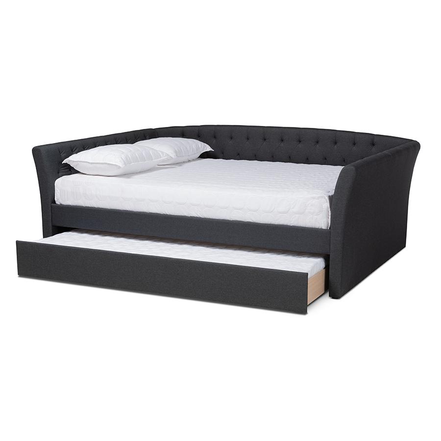 Dark Grey Fabric Upholstered Full Size Daybed with Roll-Out Trundle Bed. Picture 2