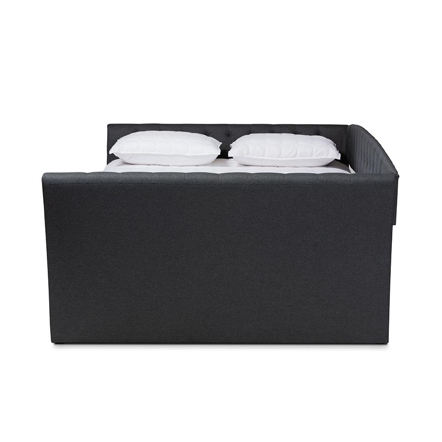Dark Grey Fabric Upholstered Full Size Daybed with Roll-Out Trundle Bed. Picture 3