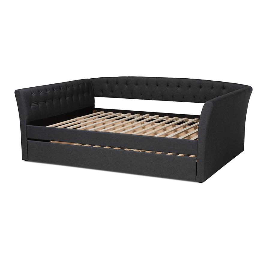 Dark Grey Fabric Upholstered Full Size Daybed with Roll-Out Trundle Bed. Picture 4