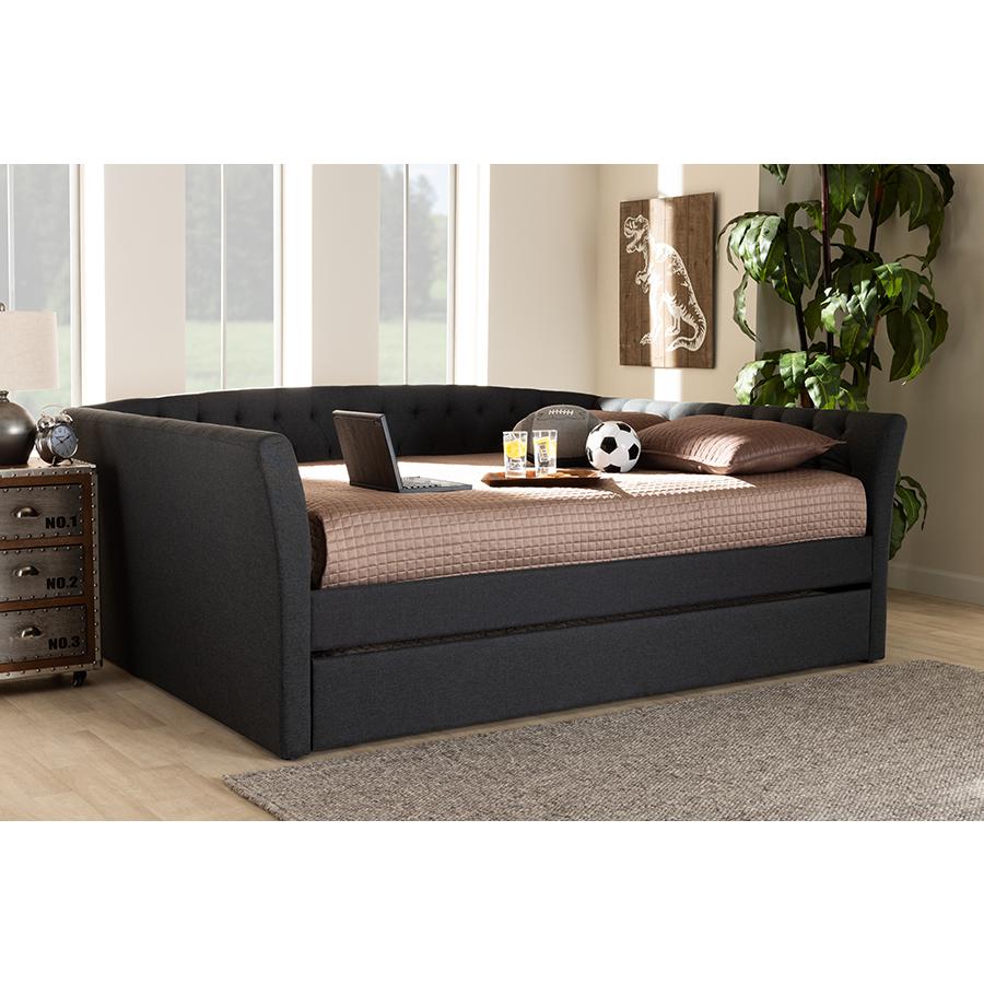 Dark Grey Fabric Upholstered Full Size Daybed with Roll-Out Trundle Bed. Picture 7