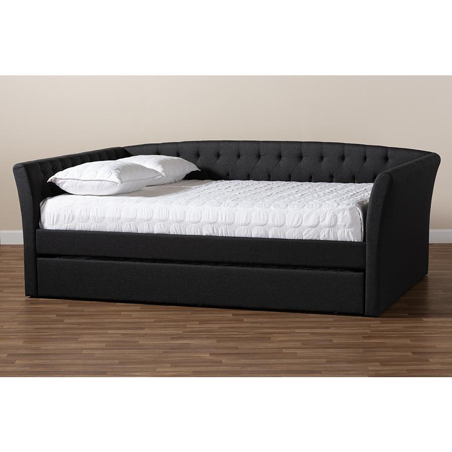 Dark Grey Fabric Upholstered Full Size Daybed with Roll-Out Trundle Bed. Picture 9