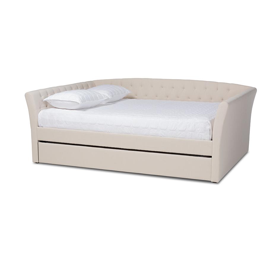 Beige Fabric Upholstered Full Size Daybed with Roll-Out Trundle Bed. Picture 1