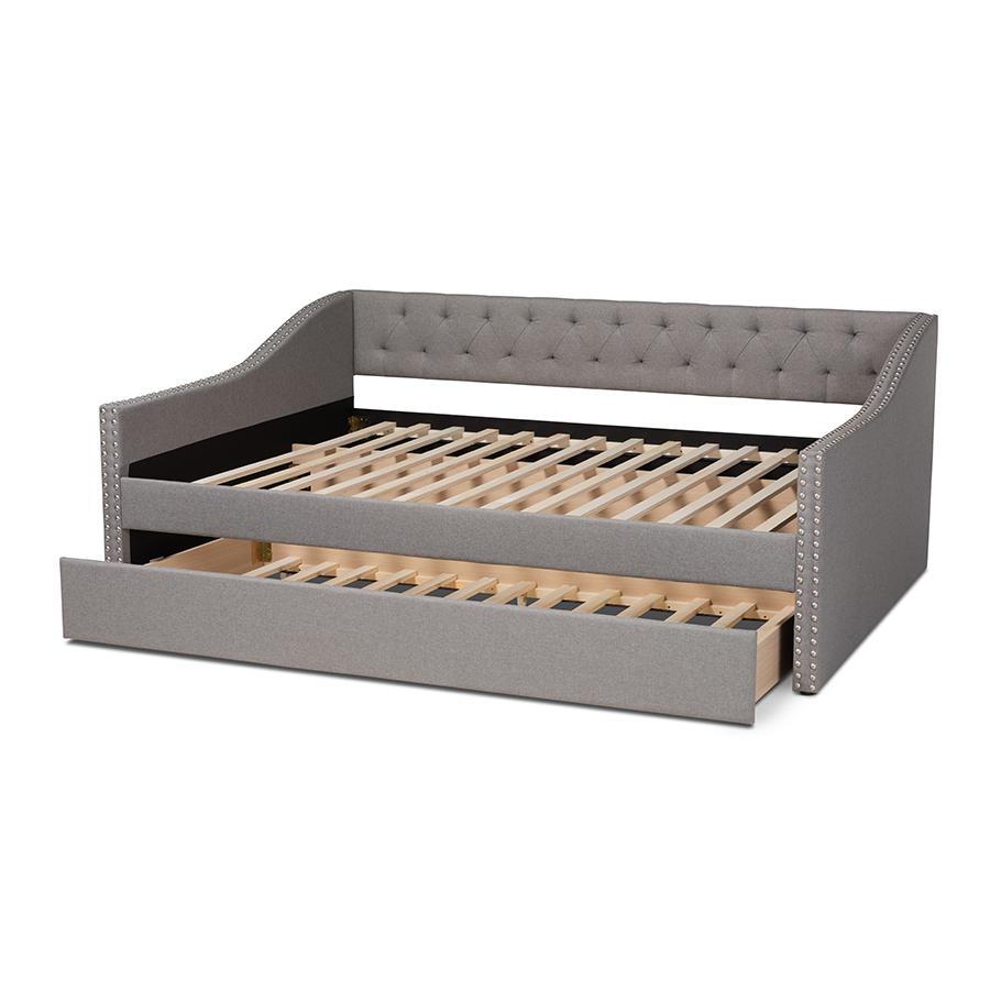 Light Grey Fabric Upholstered Full Size Daybed with Roll-Out Trundle Bed. Picture 5