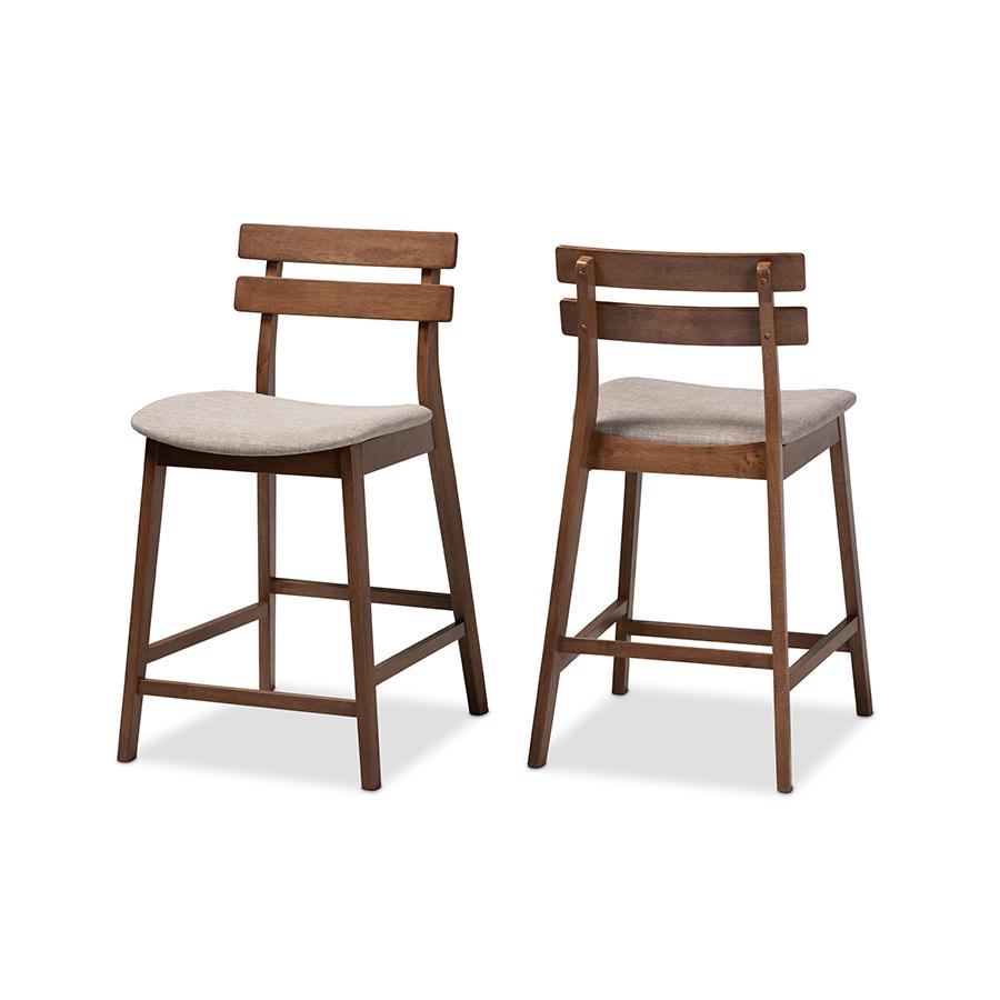 Light Grey Fabric Upholstered Walnut Finished 2-Piece Wood Counter Stool Set. Picture 1
