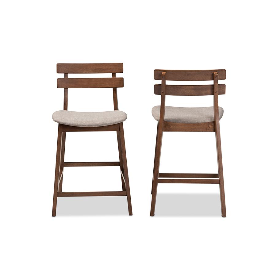 Light Grey Fabric Upholstered Walnut Finished 2-Piece Wood Counter Stool Set. Picture 2