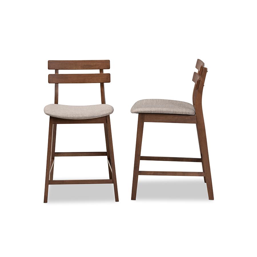 Light Grey Fabric Upholstered Walnut Finished 2-Piece Wood Counter Stool Set. Picture 3