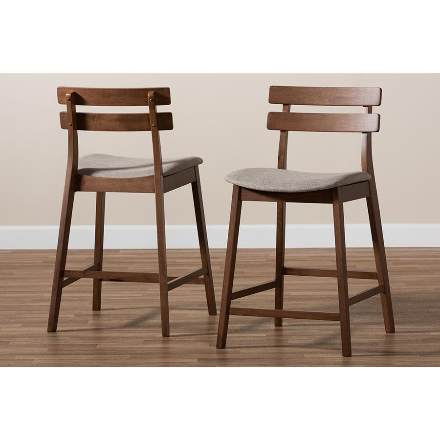 Light Grey Fabric Upholstered Walnut Finished 2-Piece Wood Counter Stool Set. Picture 8