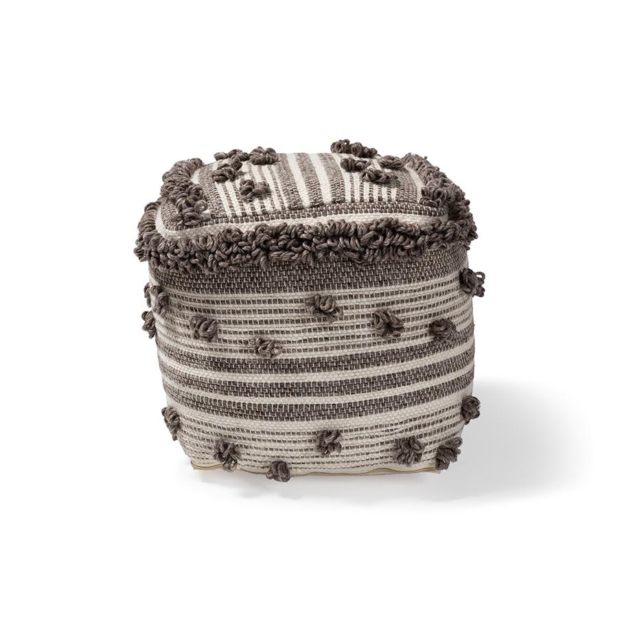 Eligah Moroccan Inspired Ivory and Brown Handwoven Wool Pouf Ottoman. Picture 2