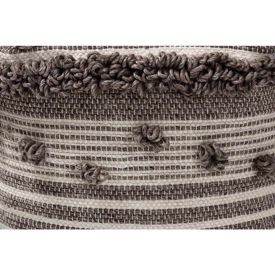 Eligah Moroccan Inspired Ivory and Brown Handwoven Wool Pouf Ottoman. Picture 3