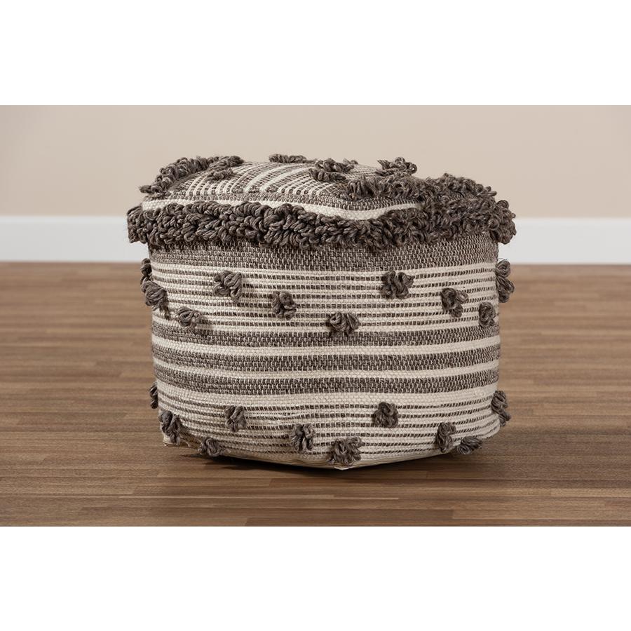 Eligah Moroccan Inspired Ivory and Brown Handwoven Wool Pouf Ottoman. Picture 5