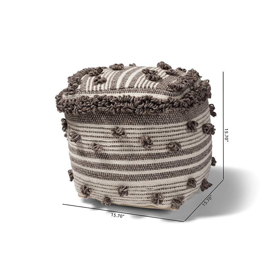 Eligah Moroccan Inspired Ivory and Brown Handwoven Wool Pouf Ottoman. Picture 6