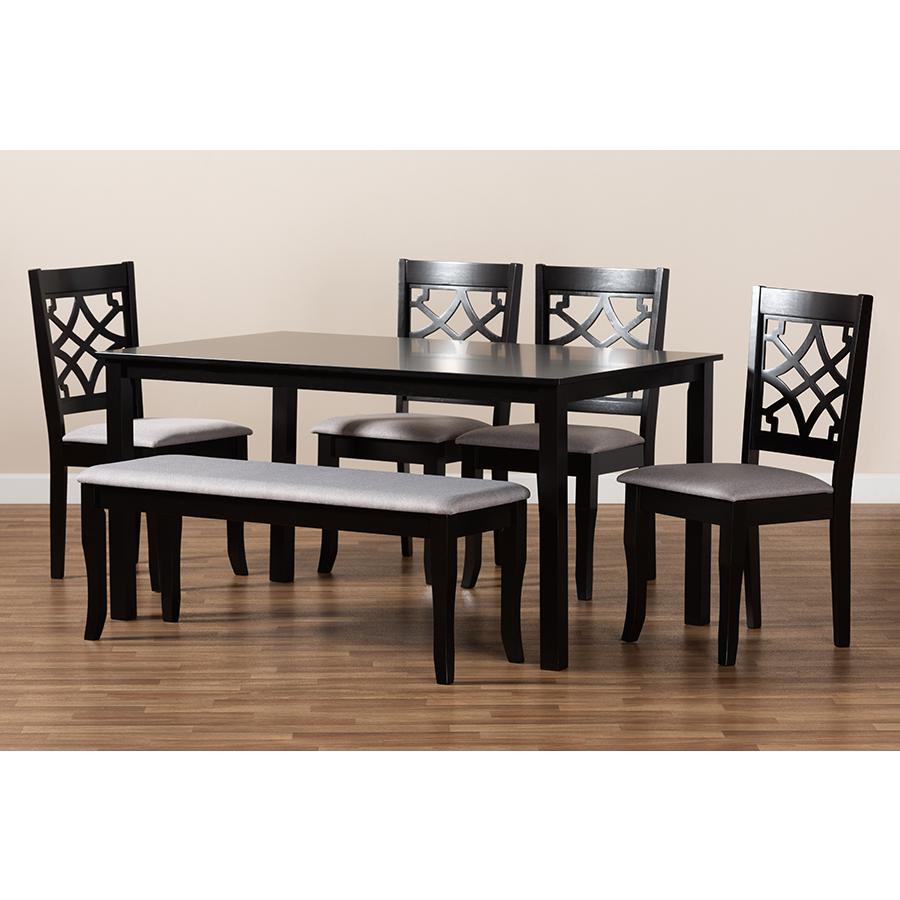 Grey Fabric Upholstered and Dark Brown Finished Wood 6-Piece Dining Set. Picture 8