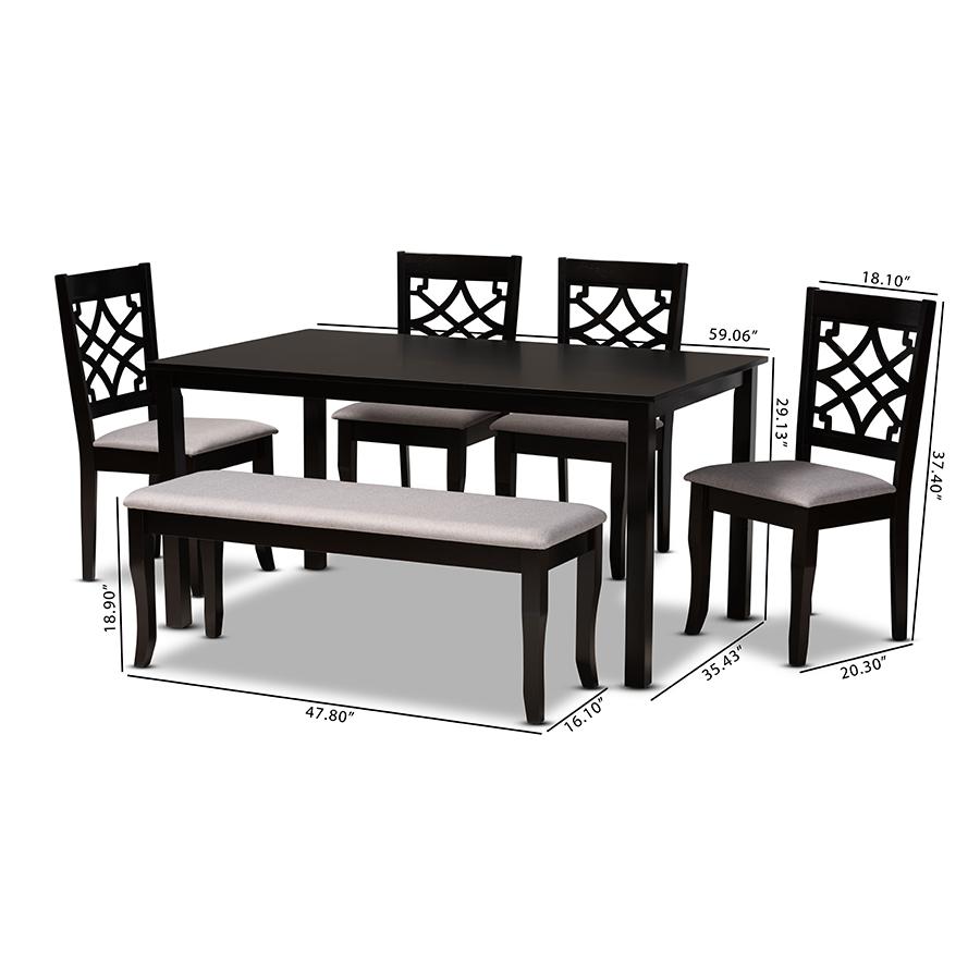 Grey Fabric Upholstered and Dark Brown Finished Wood 6-Piece Dining Set. Picture 9