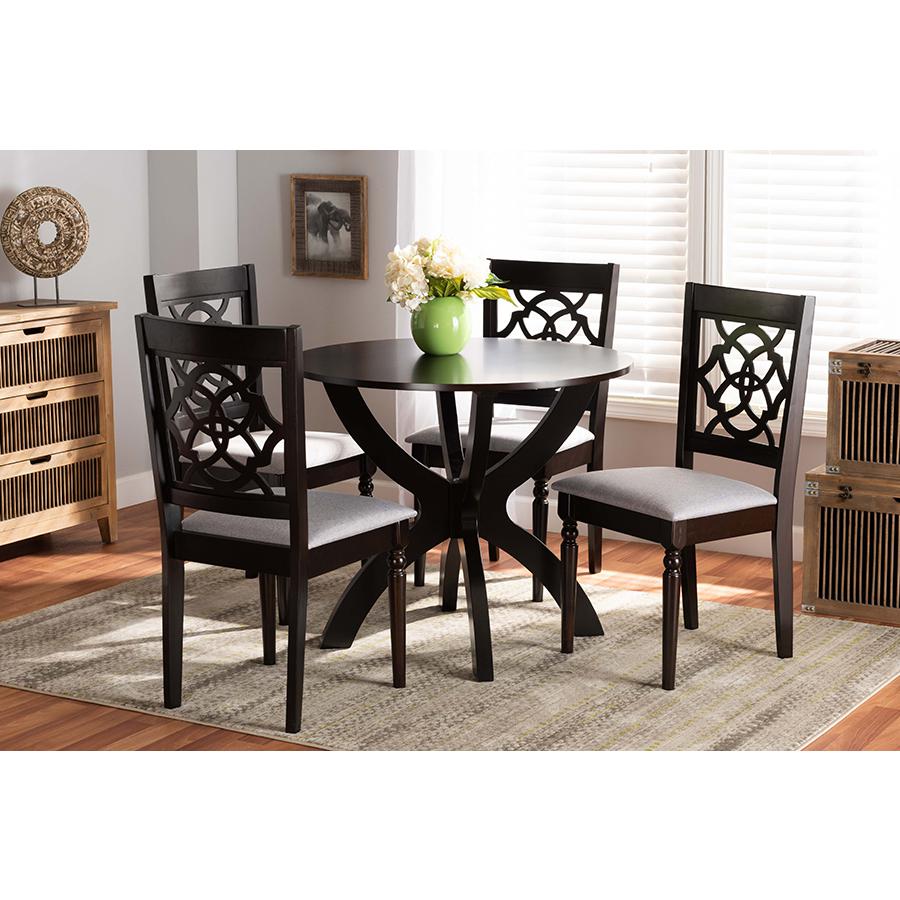Grey Fabric Upholstered and Dark Brown Finished Wood 5-Piece Dining Set. Picture 7