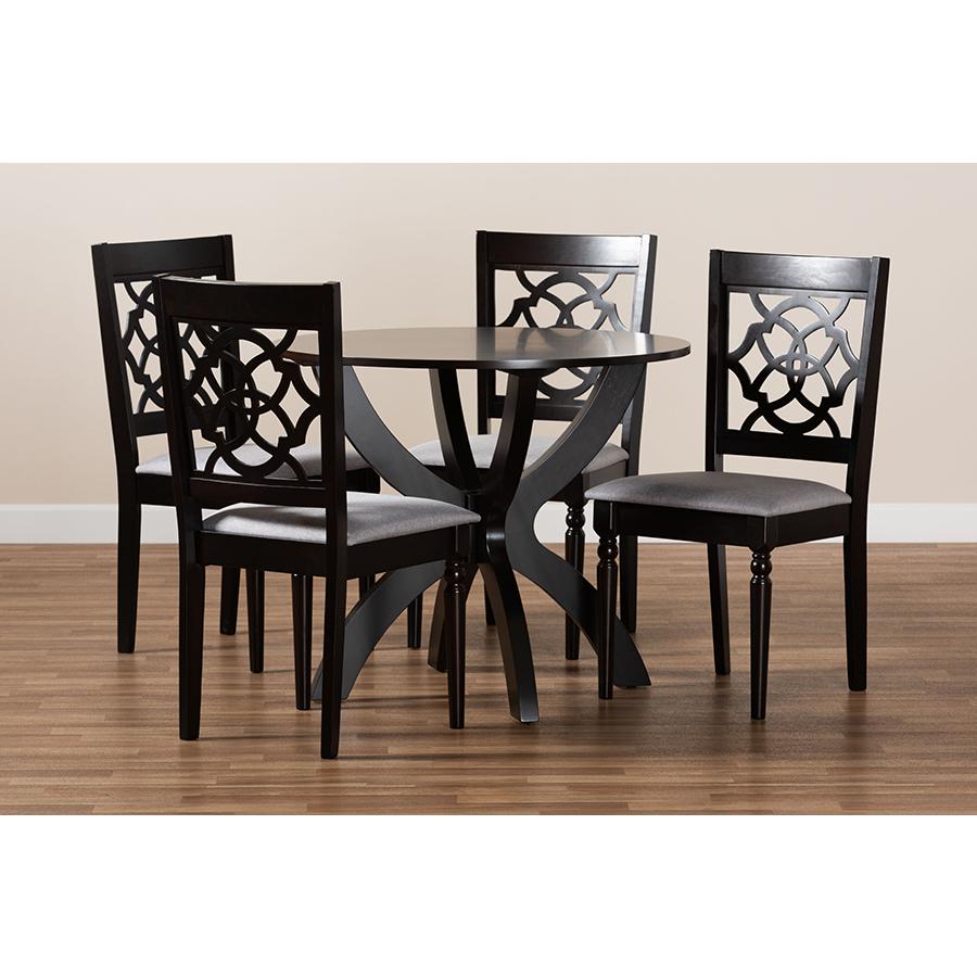 Grey Fabric Upholstered and Dark Brown Finished Wood 5-Piece Dining Set. Picture 8
