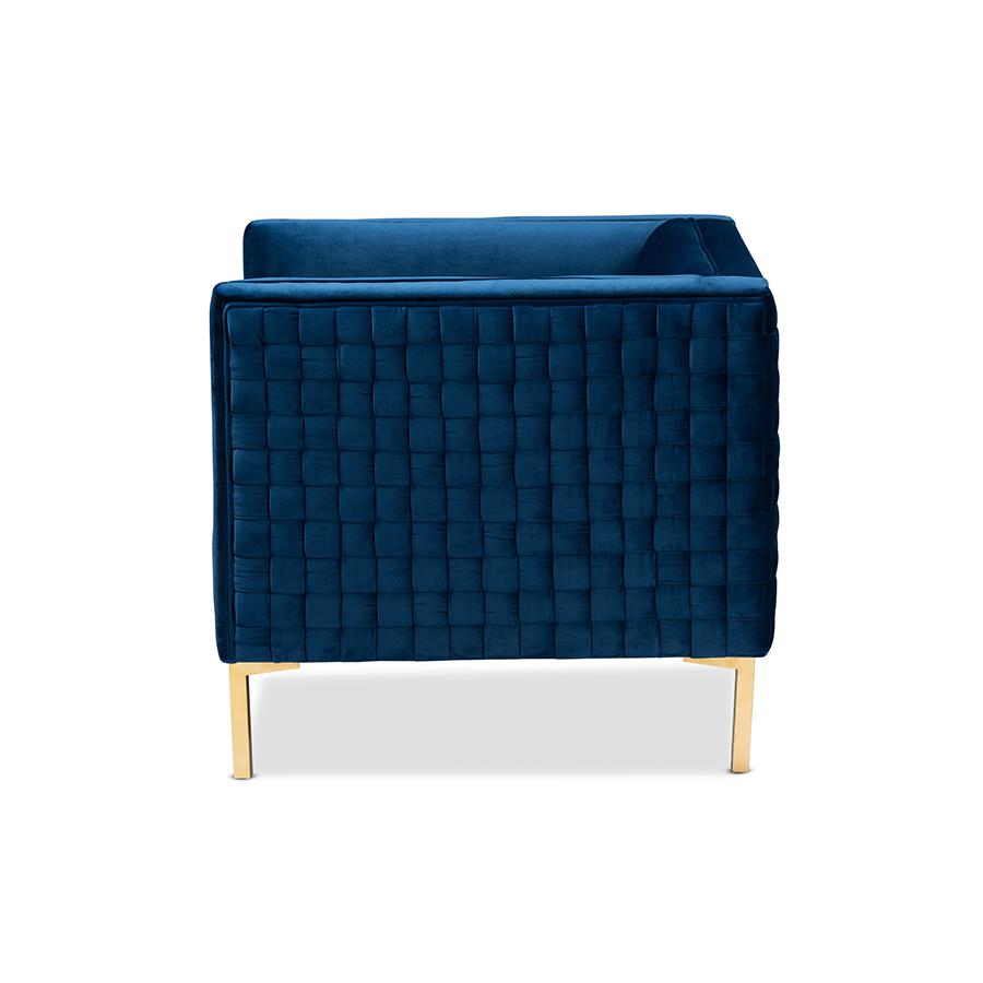 Luxe Navy Blue Velvet Fabric Upholstered Gold Finished Armchair. Picture 3