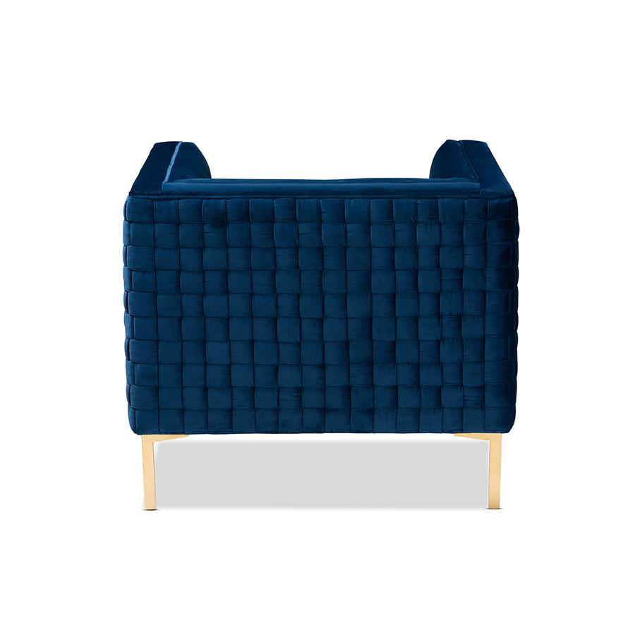 Luxe Navy Blue Velvet Fabric Upholstered Gold Finished Armchair. Picture 4