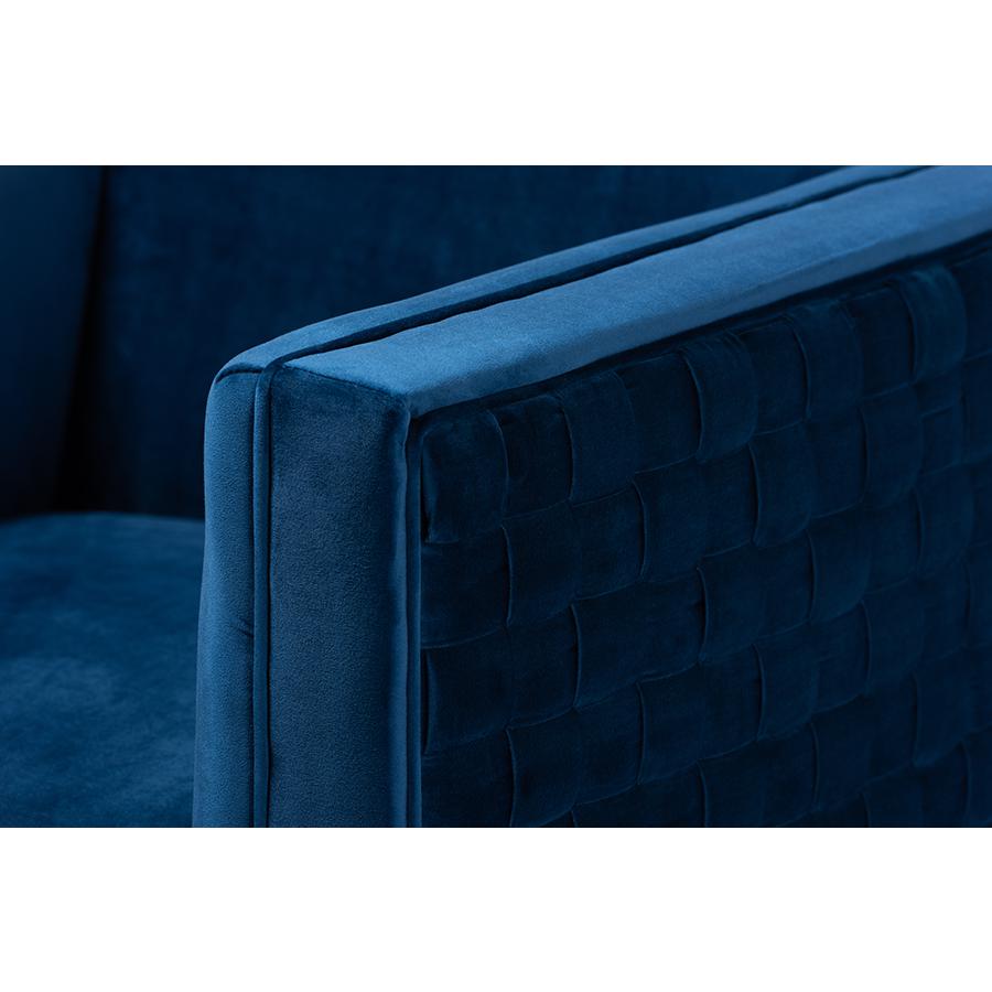 Luxe Navy Blue Velvet Fabric Upholstered Gold Finished Armchair. Picture 5