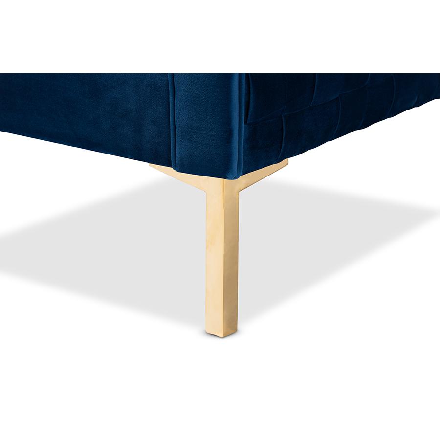 Luxe Navy Blue Velvet Fabric Upholstered Gold Finished Armchair. Picture 6