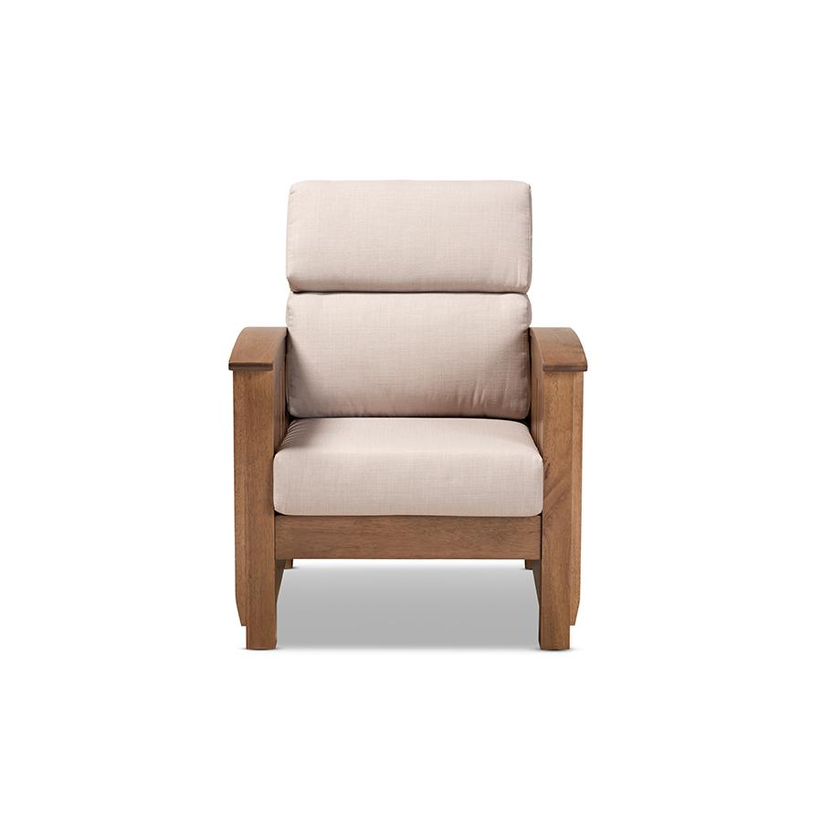 Charlotte Modern Classic Mission Style Taupe Fabric Upholstered Walnut Brown Finished Wood 1-Seater Lounge Chair. Picture 2