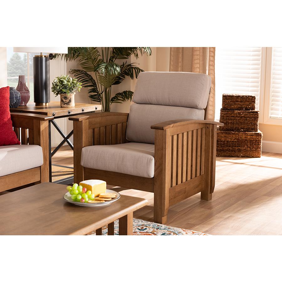 Charlotte Modern Classic Mission Style Taupe Fabric Upholstered Walnut Brown Finished Wood 1-Seater Lounge Chair. Picture 7