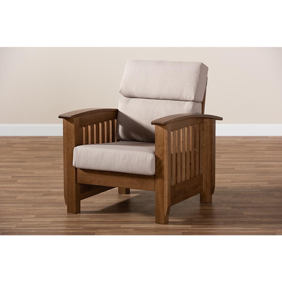 Charlotte Modern Classic Mission Style Taupe Fabric Upholstered Walnut Brown Finished Wood 1-Seater Lounge Chair. Picture 8