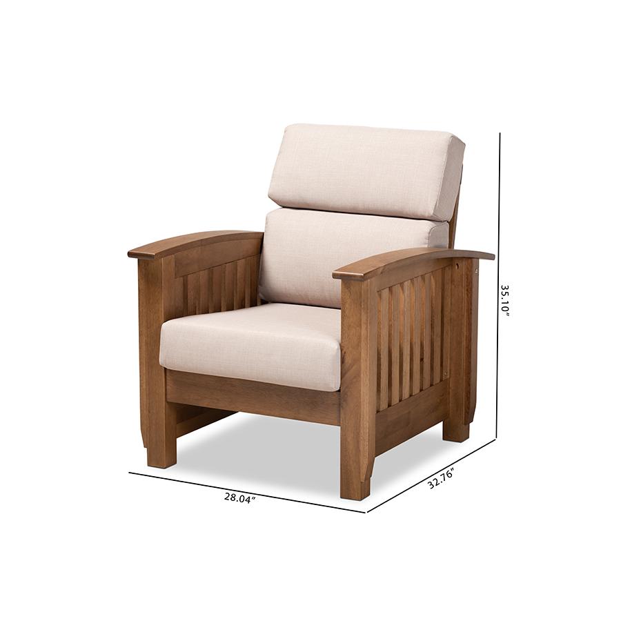 Charlotte Modern Classic Mission Style Taupe Fabric Upholstered Walnut Brown Finished Wood 1-Seater Lounge Chair. Picture 9