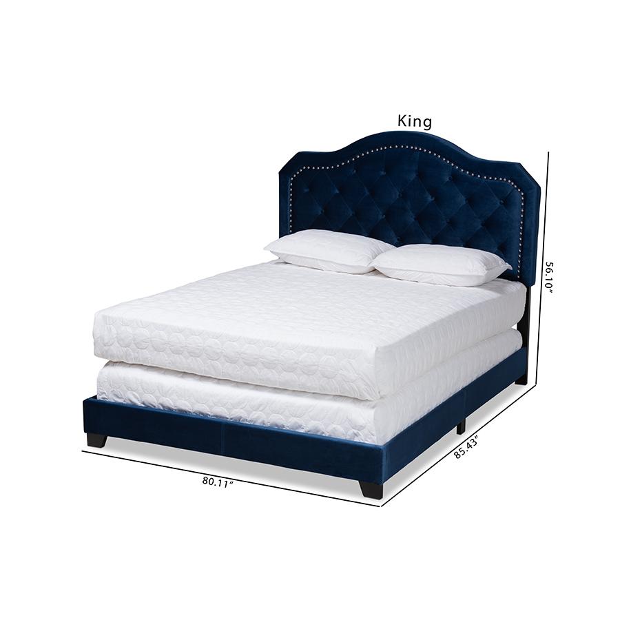 Navy Blue Velvet Fabric Upholstered Queen Size Button Tufted Bed. Picture 10