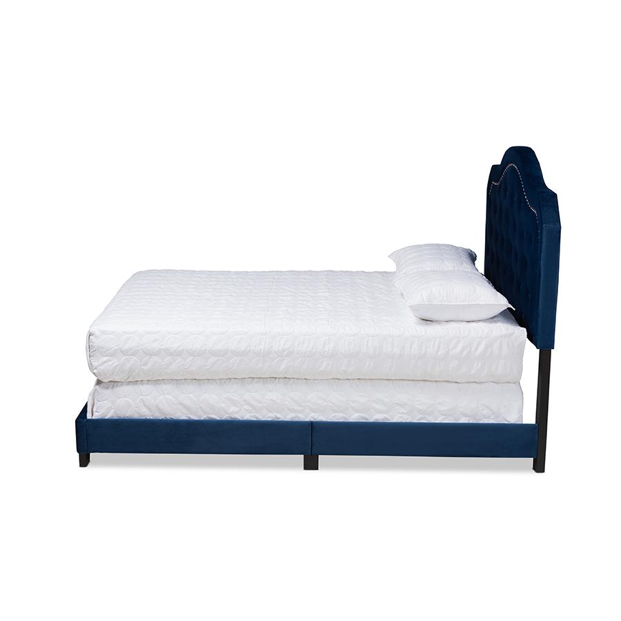 Navy Blue Velvet Fabric Upholstered Queen Size Button Tufted Bed. Picture 2
