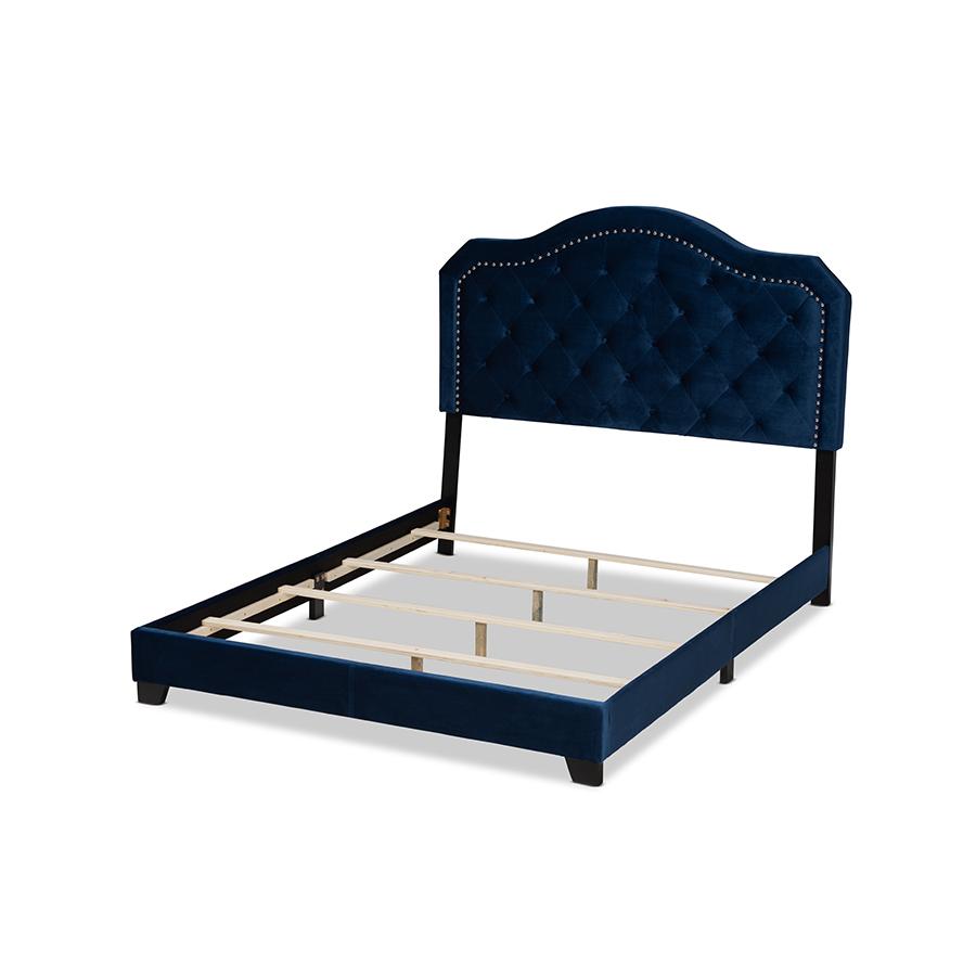 Navy Blue Velvet Fabric Upholstered Queen Size Button Tufted Bed. Picture 3