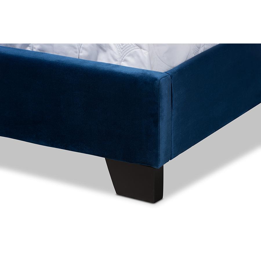 Navy Blue Velvet Fabric Upholstered Queen Size Button Tufted Bed. Picture 5