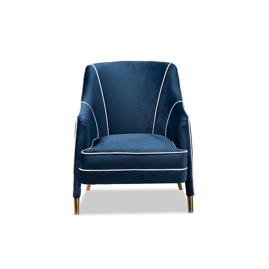 Luxe Navy Blue Velvet Fabric Upholstered Gold Finished Armchair. Picture 2