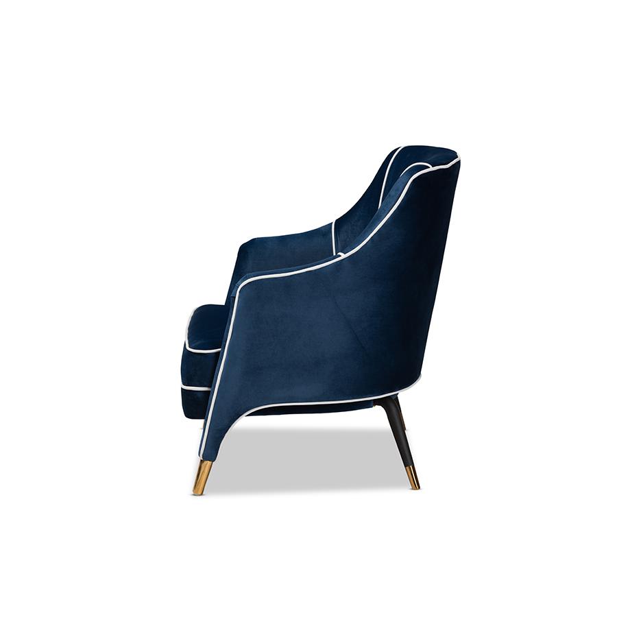 Luxe Navy Blue Velvet Fabric Upholstered Gold Finished Armchair. Picture 3