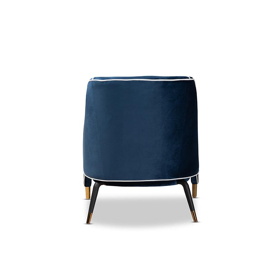 Luxe Navy Blue Velvet Fabric Upholstered Gold Finished Armchair. Picture 4