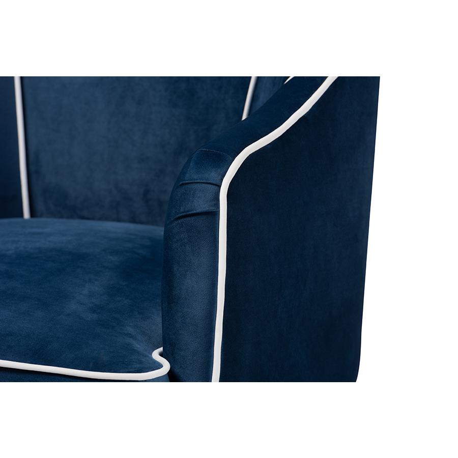 Luxe Navy Blue Velvet Fabric Upholstered Gold Finished Armchair. Picture 5