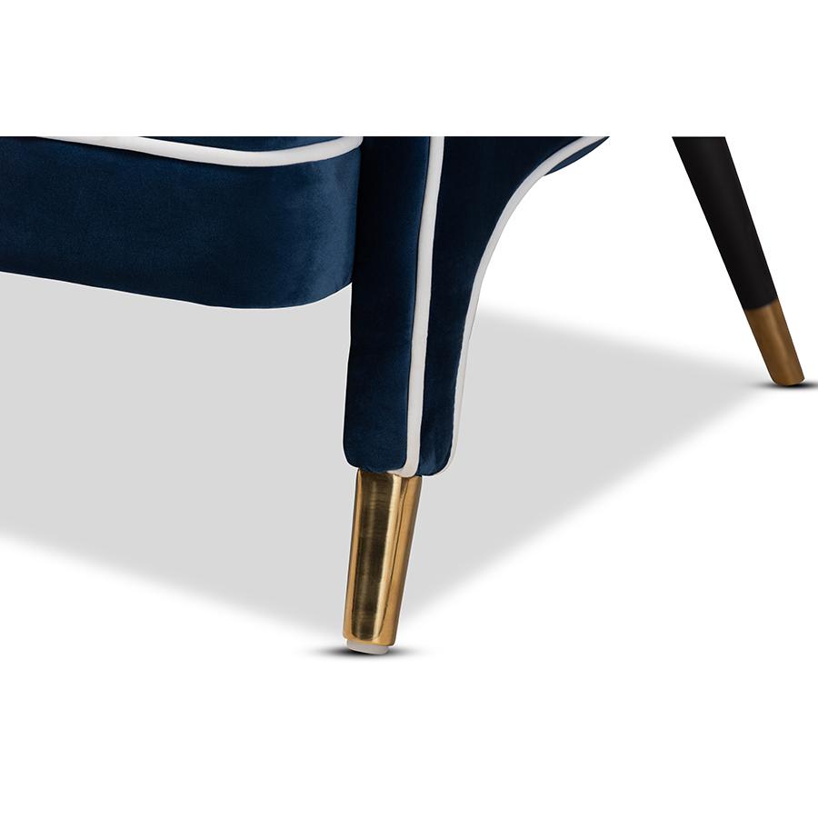 Luxe Navy Blue Velvet Fabric Upholstered Gold Finished Armchair. Picture 6