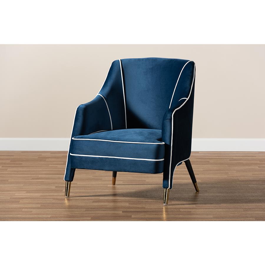Luxe Navy Blue Velvet Fabric Upholstered Gold Finished Armchair. Picture 8