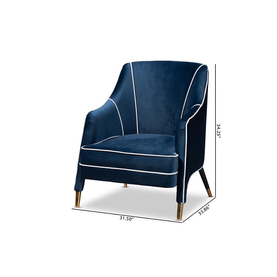 Luxe Navy Blue Velvet Fabric Upholstered Gold Finished Armchair. Picture 9