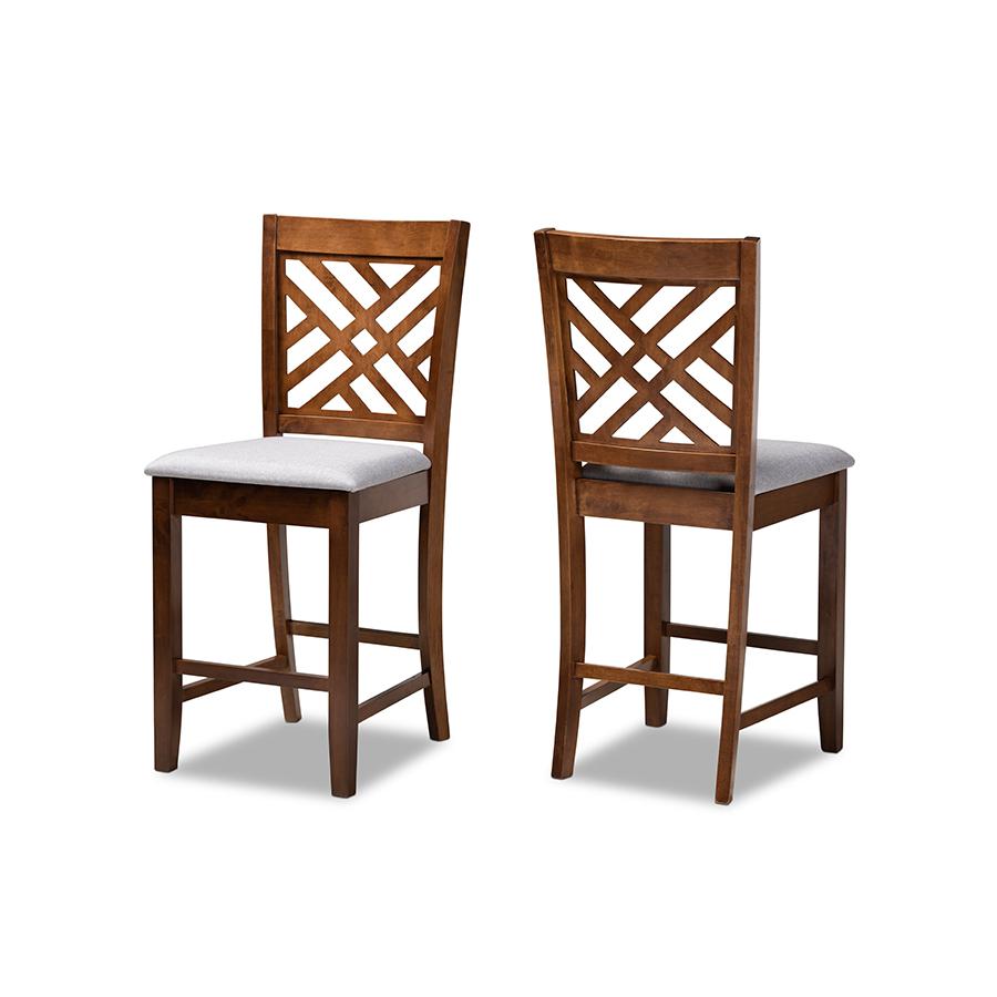 Baxton Studio Caron Modern and Contemporary Grey Fabric Upholstered Walnut Brown Finished 2-Piece Wood Counter Height Pub Chair Set Set. Picture 1