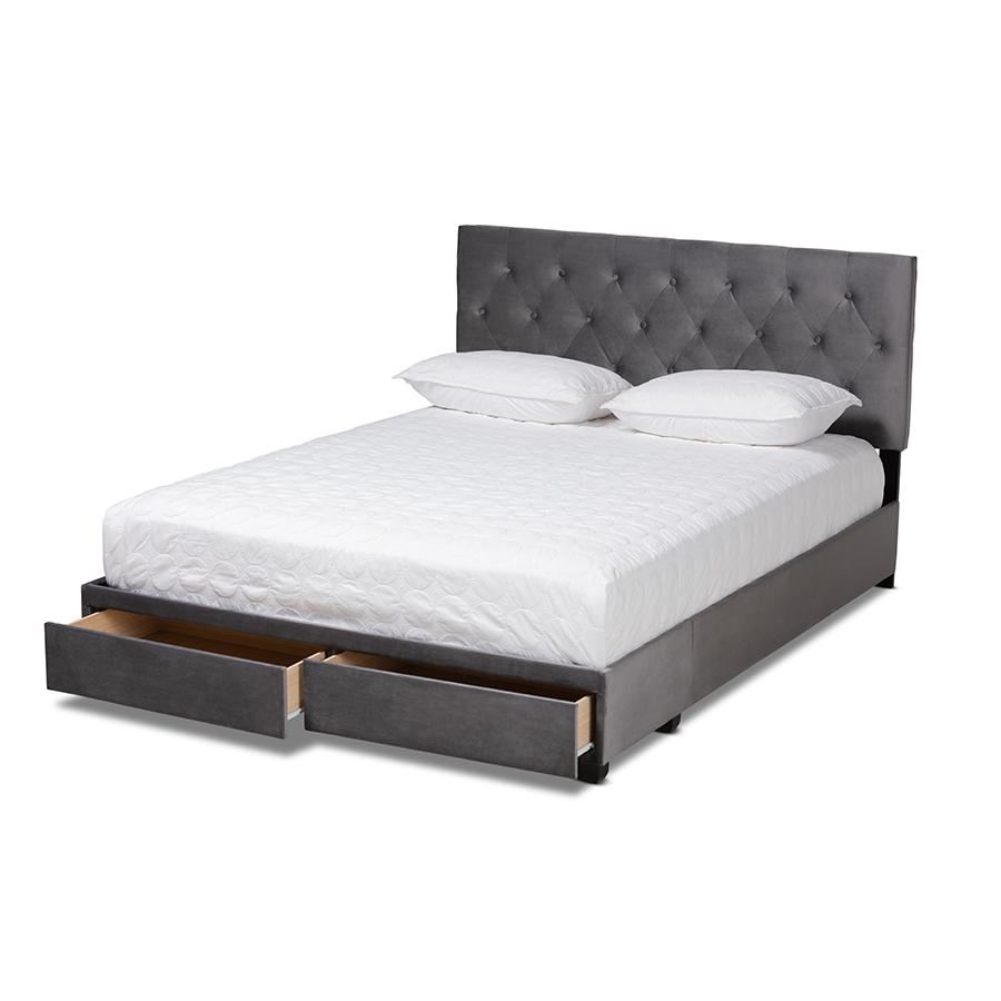 Baxton Studio Caronia Modern and Contemporary Grey Velvet Fabric Upholstered 2-Drawer Queen Size Platform Storage Bed. Picture 2