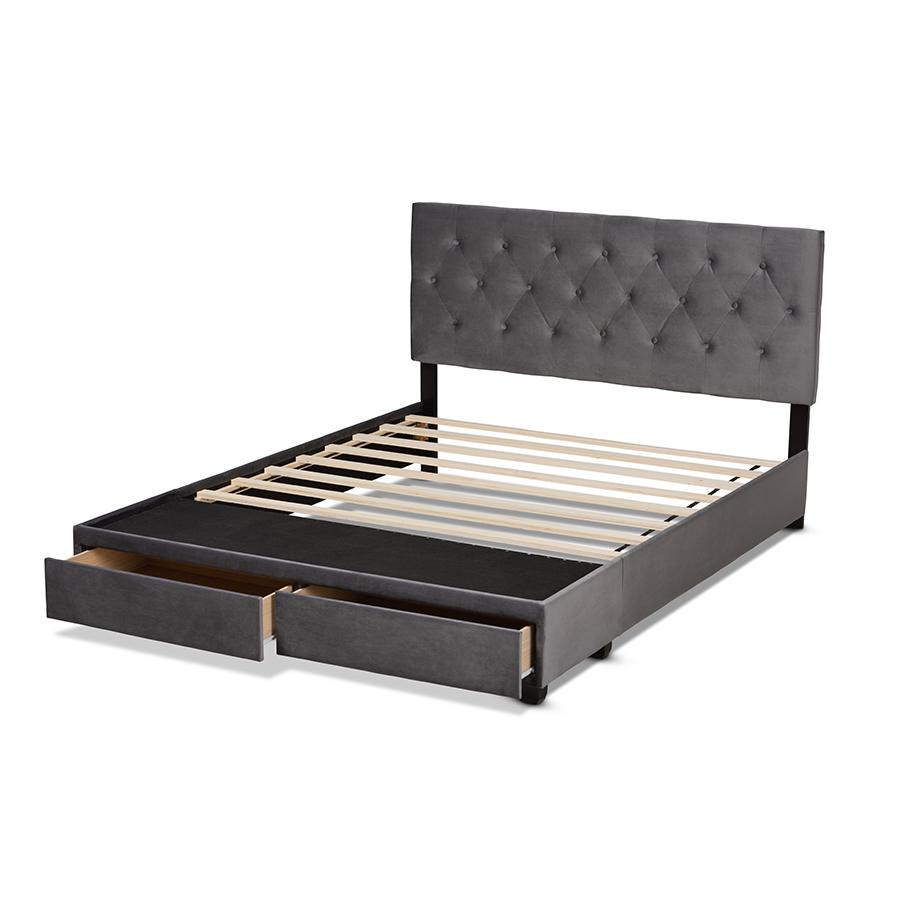 Baxton Studio Caronia Modern and Contemporary Grey Velvet Fabric Upholstered 2-Drawer Queen Size Platform Storage Bed. Picture 5