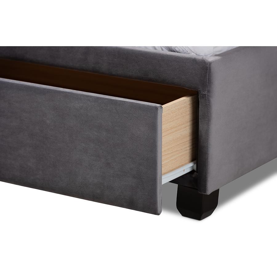 Baxton Studio Caronia Modern and Contemporary Grey Velvet Fabric Upholstered 2-Drawer Queen Size Platform Storage Bed. Picture 7