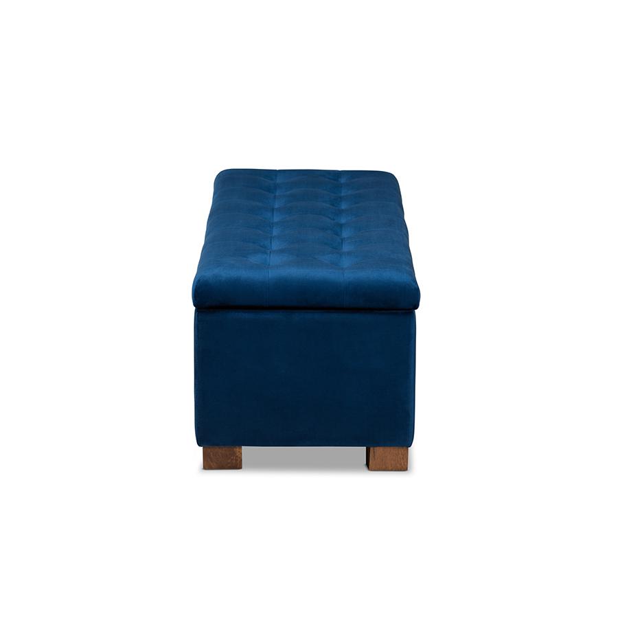 Navy Blue Velvet Fabric Upholstered Grid-Tufted Storage Ottoman Bench. Picture 4