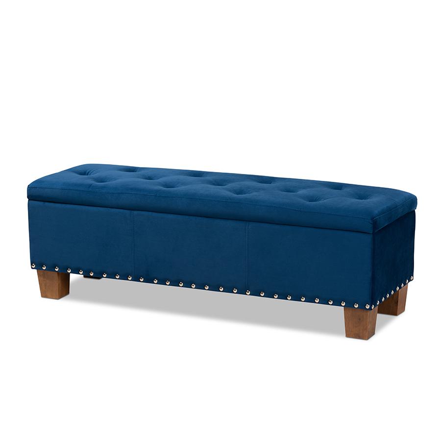 Navy Blue Velvet Fabric Upholstered Button-Tufted Storage Ottoman Bench. Picture 1