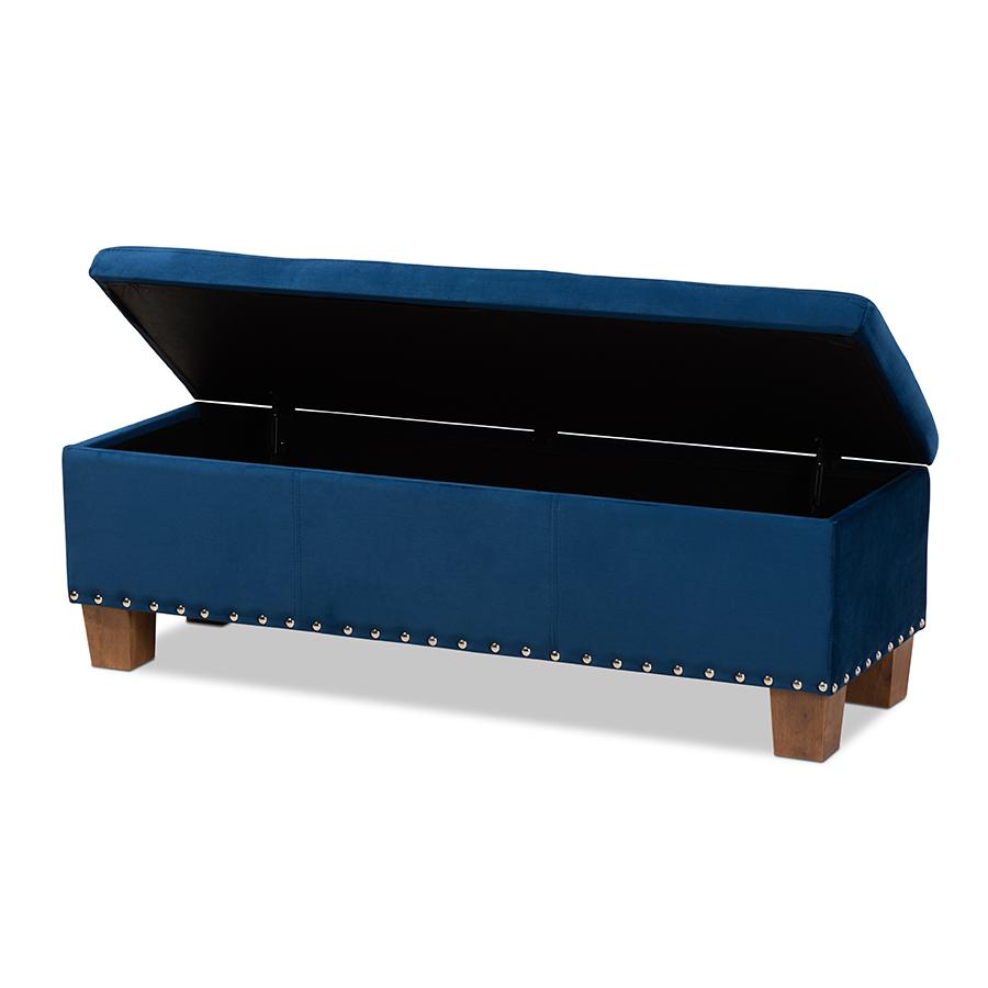 Navy Blue Velvet Fabric Upholstered Button-Tufted Storage Ottoman Bench. Picture 2