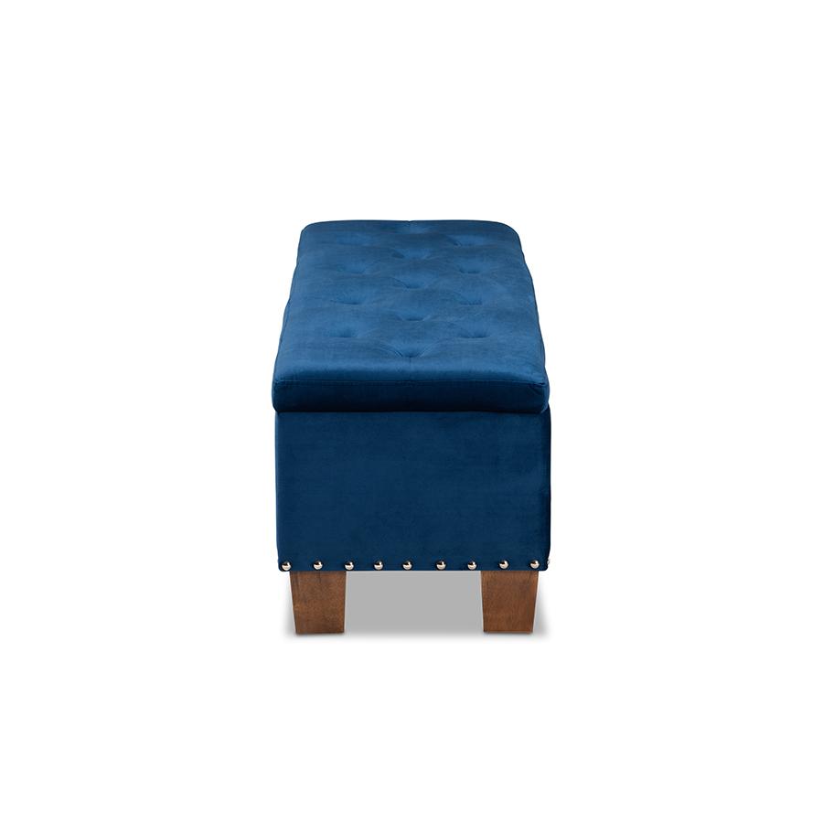 Navy Blue Velvet Fabric Upholstered Button-Tufted Storage Ottoman Bench. Picture 4